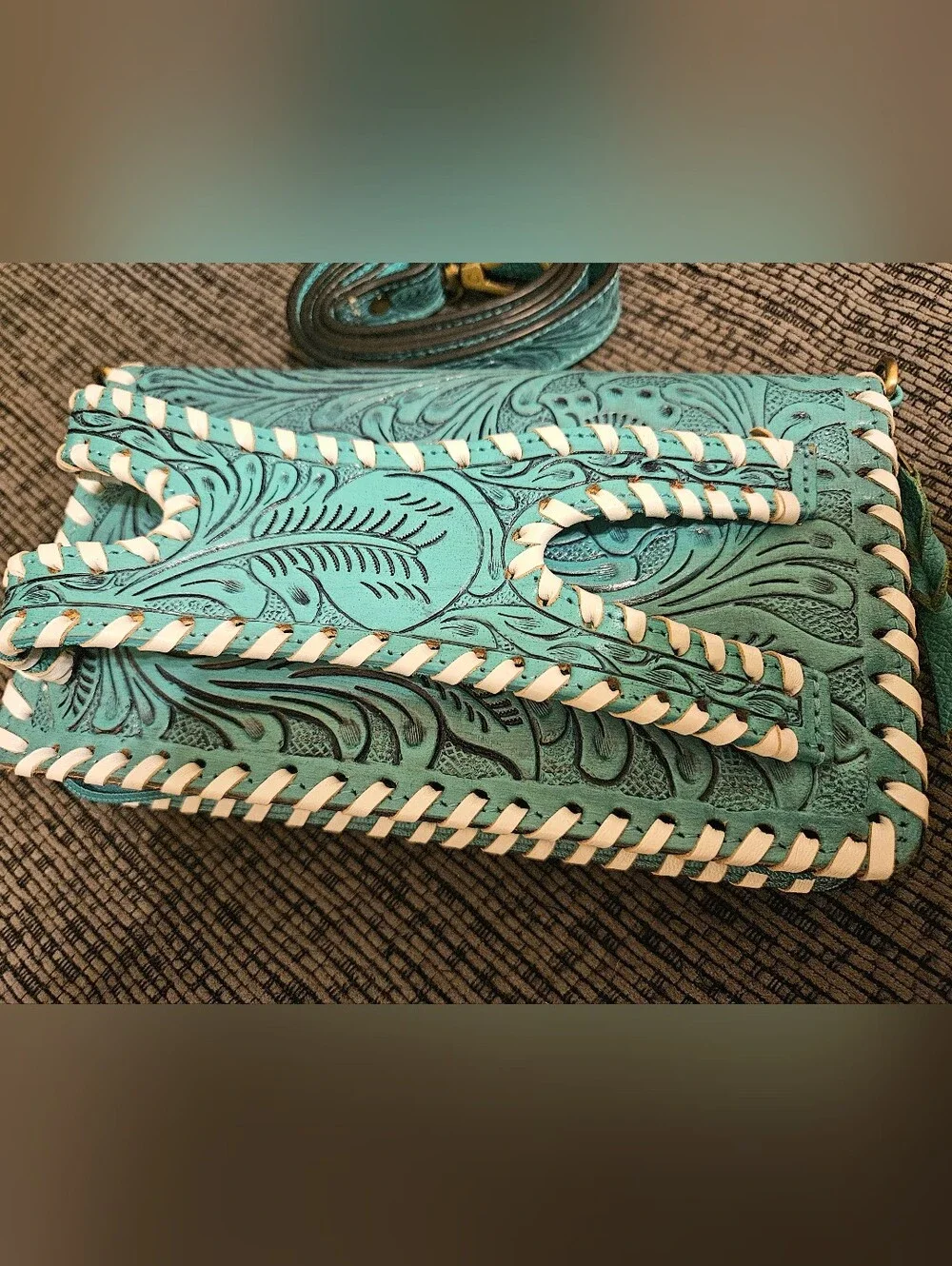 Turquoise Tooled Leather Crossbody Wallet - Women's Wristlet